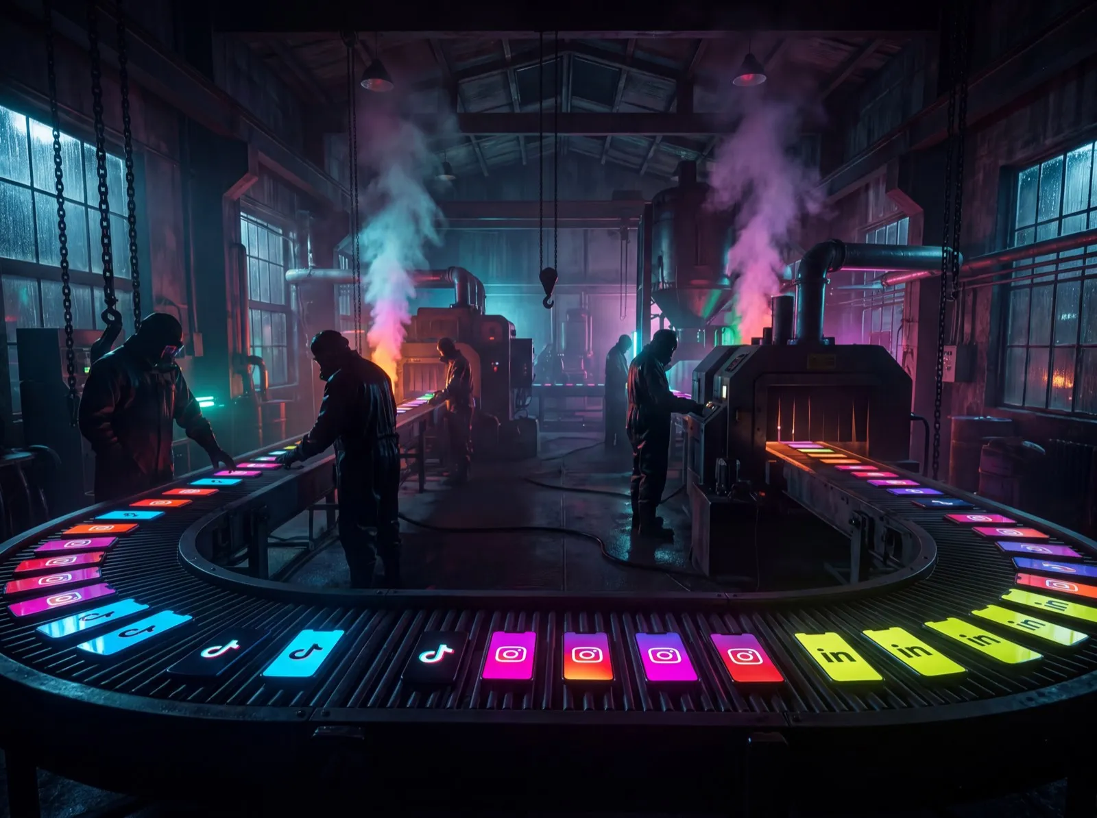 Фабрика контента для social media marketing: индустриальное производство с неоновыми смартфонами для TikTok, Instagram и LinkedIn